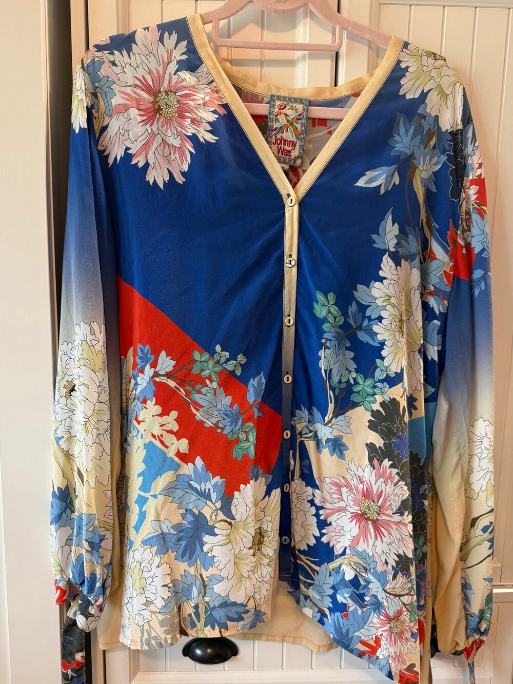 Johnny Was Marritt Ines long sleeve silk blouse blue red white floral XL EUC sz